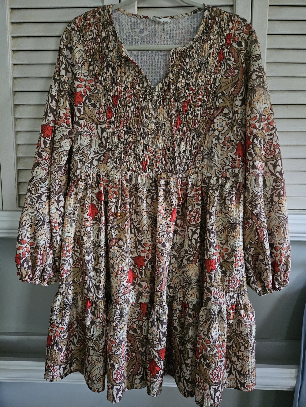 Entro Floral Paisley Smocked Tiered Mini Dress Small Warm Tones Fall